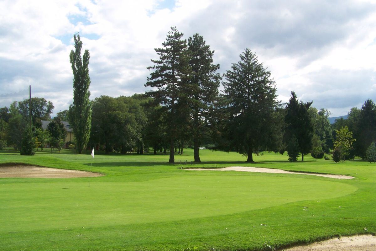 Green bordé de bunkers et de grands conifères au golf d'Aix-les-Bains
